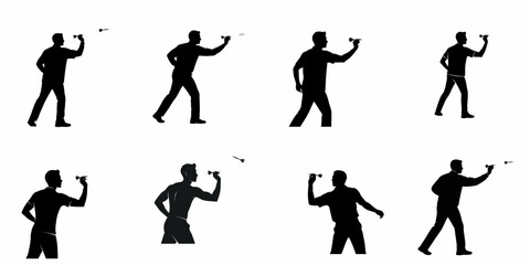 Darts player silhouette set showing men throwing darts in various action poses, perfect for sports icons and graphic design, isolated on white. © Nadya
