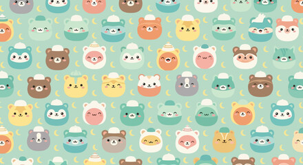 Celebrating Ramadan with diverse cartoon animals wearing hats in a festive pattern