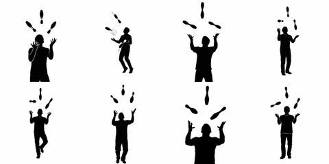 Eight Vector Silhouettes of Men Juggling Clubs and Pins, Illustrating Various Performance Poses and Dynamic Movement on a White Background © Nadya