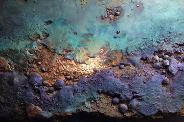 Vibrant abstract metal texture with blue, purple, and copper tones