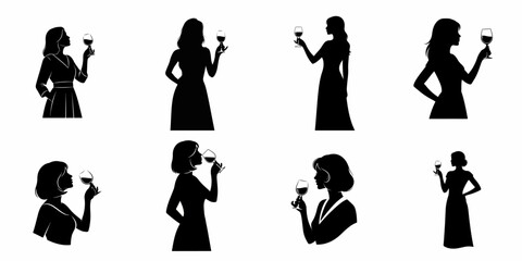 Fototapeta premium Eight vector silhouettes of beautiful women tasting and enjoying red wine, illustrating elegance, sommelier, and upscale drinking.