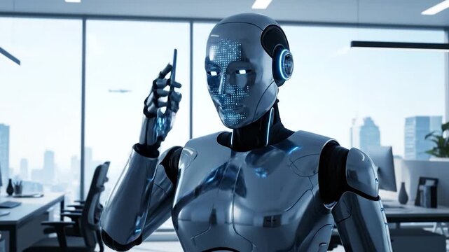 A metallic robot with illuminated features is on the phone in a modern office, city views out the window