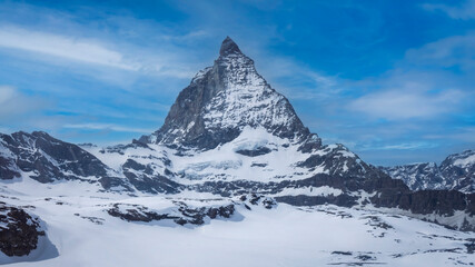 The landscape view of Iconic Matterhorn Peak and Gornergrat Railway in Winter