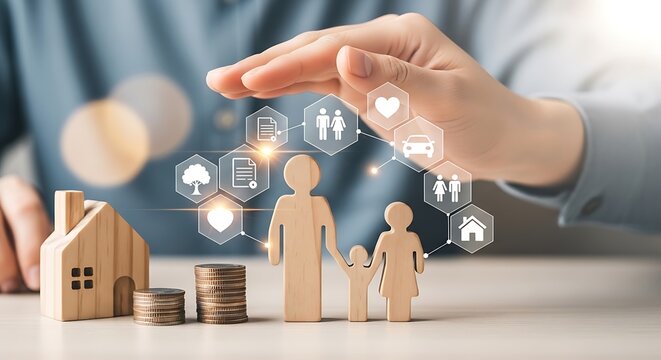 A person protecting a family and their financial security with a shield of insurance and financial planning