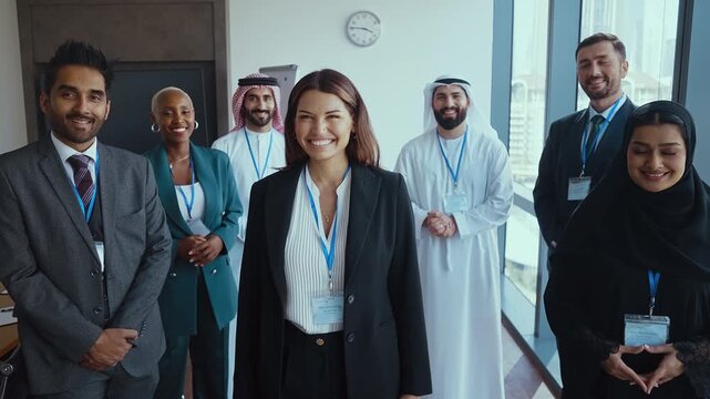 Western and emirati businesspeople in traditional arab attire participating in a conference with ceo, collaborating and taking notes in modern office environment
