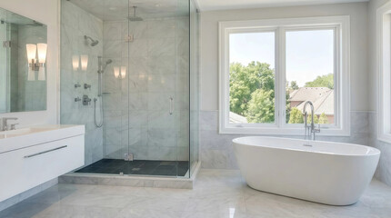 Fototapeta premium Interior of modern white bathroom with glass shower cabin and white bathtub near window with bright daylight style