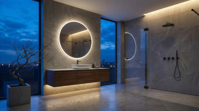 Interior of luxury bathroom with round mirror with light and dark walls in modern apartment design style at night