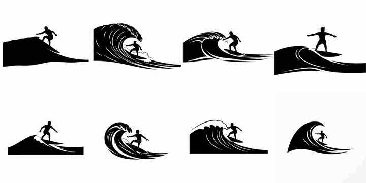 Eight Black Silhouettes of Surfers Riding Ocean Waves, Vector Collection for Surfing Sport and Tropical Beach Logos.