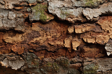 Fototapeta premium Close-up of rough tree bark texture with organic, irregular patterns and mossy patches