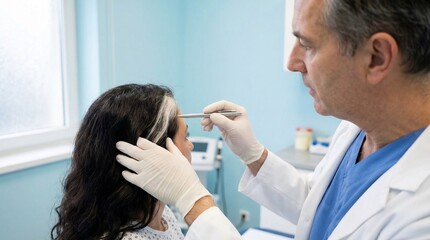Fototapeta premium Doctor examines a woman's dark hair and hairline carefully using a medical instrument in a bright clinic.