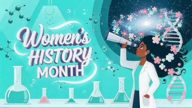 A vibrant teal vector illustration shows a black scientist observing cosmic dna in a lab.
