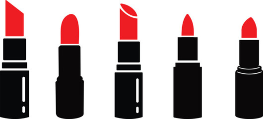 Obraz premium Lipstick vector icons set, cosmetic makeup silhouette and outline collection, beauty fashion symbol group isolated on transparent background for branding and salon design
