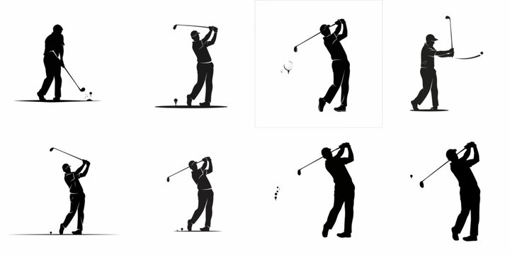 Set of eight vector silhouettes showcasing different phases of a male golfer executing a full swing with a club, isolated on white background.