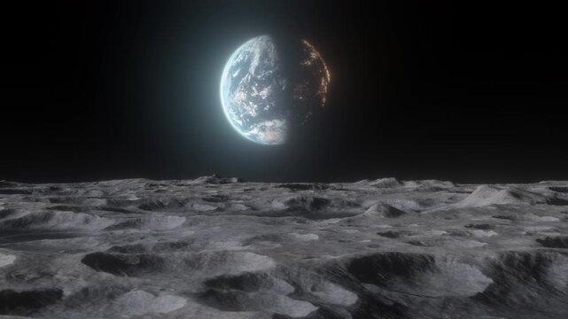 Pushing shot across lunar terrain with glowing Planet Eath in centre. Highly detailed view of moon surface with dramatic view of home. Visual of a lonely fragile world from a lunar perspective. 3D.