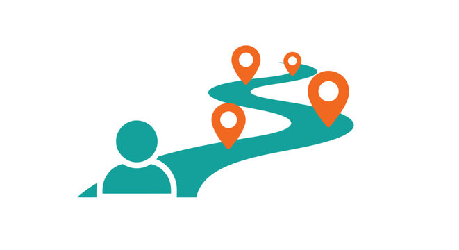 Minimalist customer journey map icon &mdash; winding path with location pins and user avatar flat vector teal orange