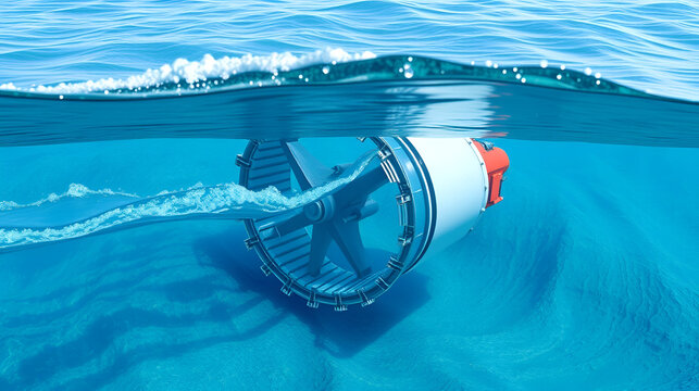 Wave energy converter technology. Ocean energy conversion device. Sea currents, wind and waves moving underwater structure to generate power. Clean renewable energy . 3d render illustration