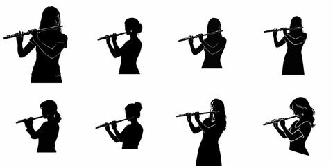 Eight silhouettes of female musicians playing the flute, representing musical performance, classical instruments, practice, and elegant artistic expression on a white background. © Nadya