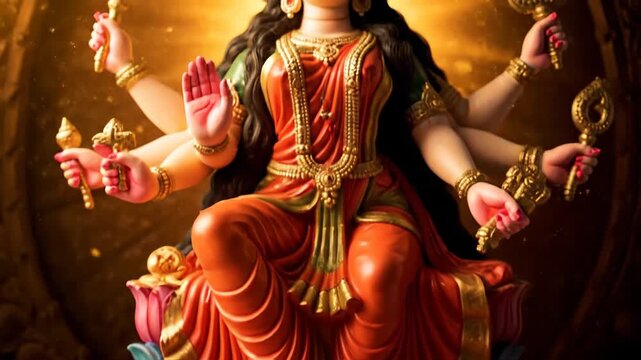 Goddess Durga Statue Adorned with Pink Lotus Flowers Festive Glow