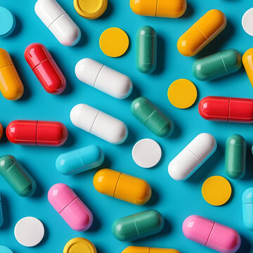 A Close-Up View of Assorted Colorful Pills and Capsule Pharmaceutical Landscape, Medicine Banner, backdrop design concept, Cover, Drug Background