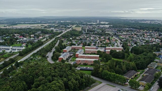 Aerial view of residential Falkenberg, Sweden with roads and greenery