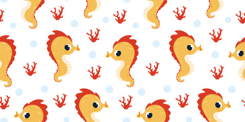 Cute yellow seahorse cartoon seamless pattern with coral and bubble on light background. baby marine animal illustration for nursery textile, fabric, wallpaper and kid design © Екатерина Бобро