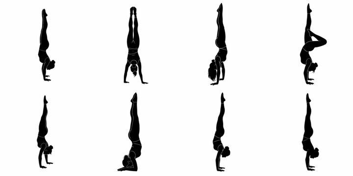 Collection of eight female silhouettes demonstrating various yoga inversion poses, including handstands, headstands, and advanced balance variations.