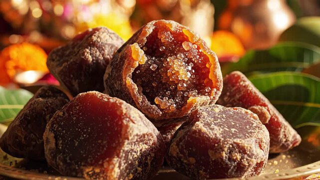 Rich, Dark Jaggery Cubes with Golden Dust on a Decorative Plate Surrounded by Colorful Festive Elements