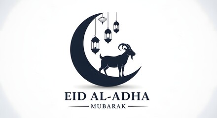 Fototapeta premium Eid aladha mubarak logo with goat and crescent moon