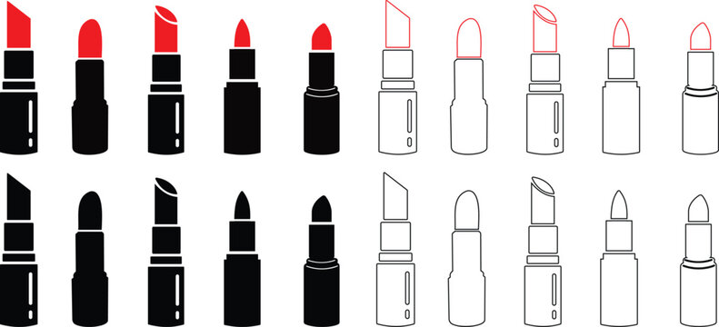 Lipstick vector icons set, cosmetic makeup silhouette and outline collection, beauty fashion symbol group isolated on transparent background for branding and salon design