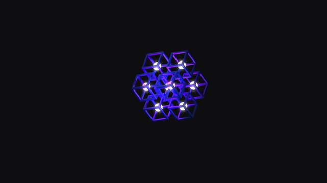 Angled view of luminous purple and blue cube frames containing glowing spheres arranged in a compact geometric formation on a dark minimalist background