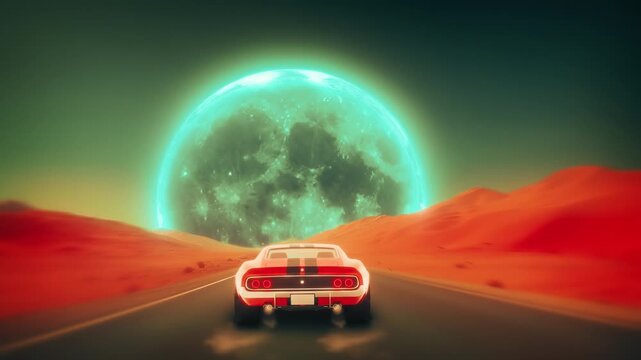 A high-quality seamless loop of a red sports car driving on a desert highway towards a giant glowing cyan moon. Retro 80s synthwave aesthetic with vibrant colors and nostalgic futuristic atmosphere.