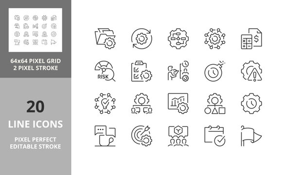 Line icons set about project management. Contains such icons as workflow, task, to do list, timeline and deadline. Editable vector stroke. 64 and 256 Pixel Perfect scalable to 128px...