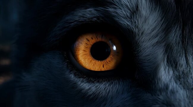 Intense golden eye of a wolf like creature amidst dark fur
