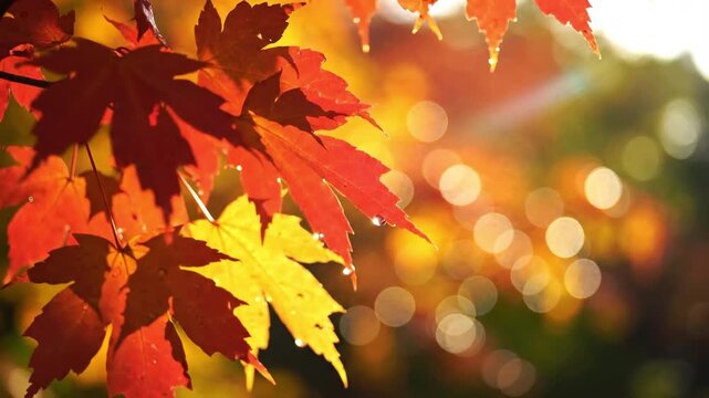 Vibrant red and yellow autumn maple leaves with glistening dew drops and natural sun flare bokeh, suitable for seasonal background, nature footage, tranquil meditation, or fall event promotion.