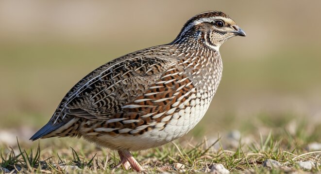 Quail standing on grassy ground, showing compact body and patterned feathers. A small ground dwelling bird known for rapid movement and importance in farming and wildlife.
