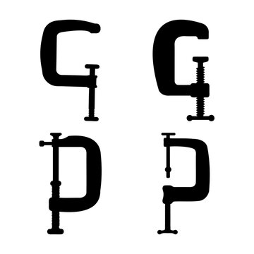 Collection of various c-clamp and g-clamp tool silhouettes for woodworking and construction projects