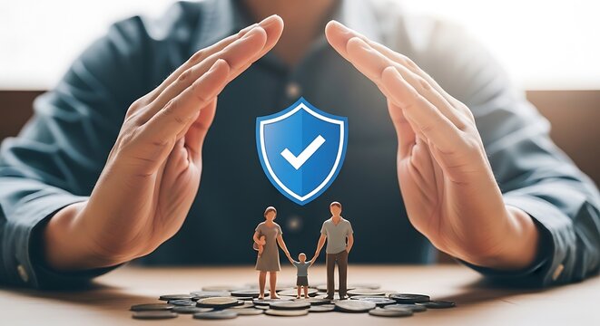 A person shielding a family and coins with a protective blue shield