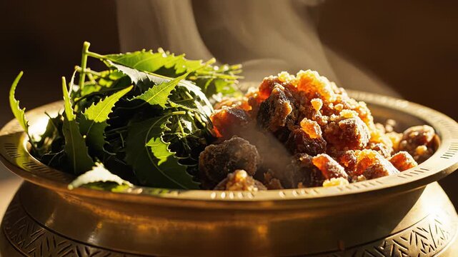 Traditional Indian Sweet Dessert with Green Neem Leaves in a Decorative Bowl