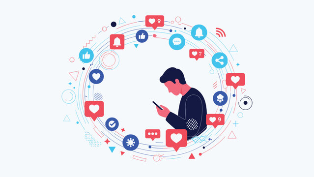 Man stands in profile using his mobile phone while a circular orbit of social media icons and notifications surrounds him in space.