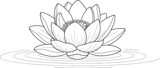 Black and white line drawing of a lotus flower