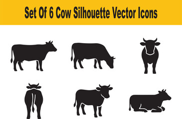 Obraz premium Set Of 6 Cow Silhouette Vector Icons