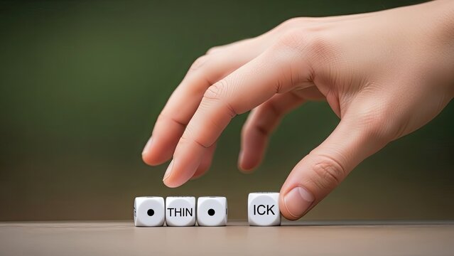 Hand Pushing Dice Spelling Word Thin Ick On Wooden Surface