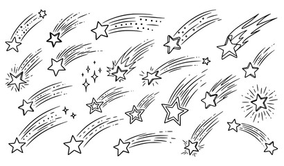 Hand drawn shooting star doodle collection with wish sparkle sky icons vector © Lipi