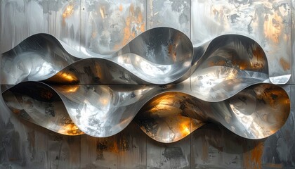 Abstract Metallic Waves Sculpture with Warm Tones and Reflections