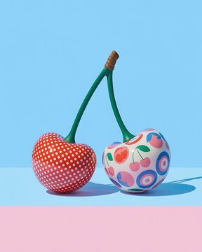 A colorful still life of two fabric fruits