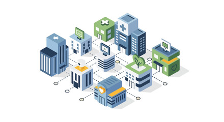 Isometric cityscape with modern buildings and digital connections.