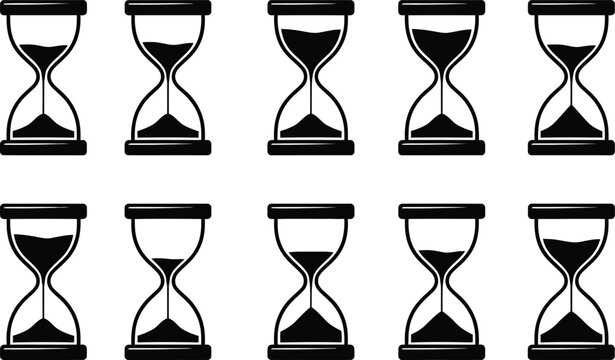 Ten hourglasses with varying sand levels on a plain white background