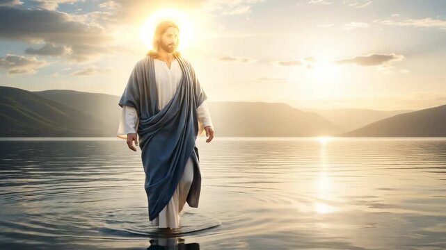 Jesus Christ walks on tranquil water at sunrise, a profound biblical miracle, symbolizing divine power, spiritual faith, New Testament theology, religious parable