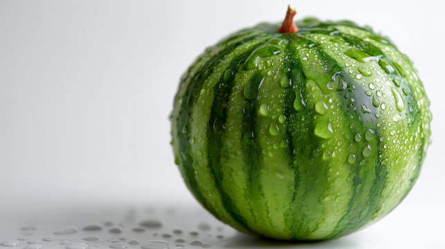 Green watermelon with water droplets on surface on plain white background, fresh fruit isolation, produce photography display, clean food visualization, with copy space