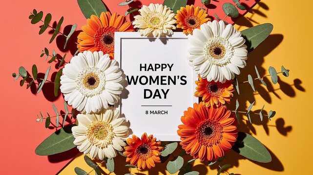 Happy Womens Day message surrounded by gerbera daisies and eucalyptus leaves 8 march greeting